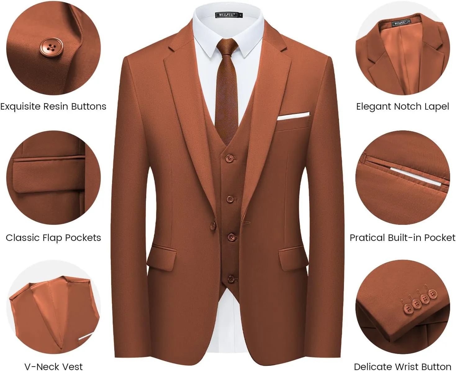 WULFUL Mens Slim Fit Suit One Button 3-Piece Blazer Dress Business Wedding Party Jacket Vest & Pant