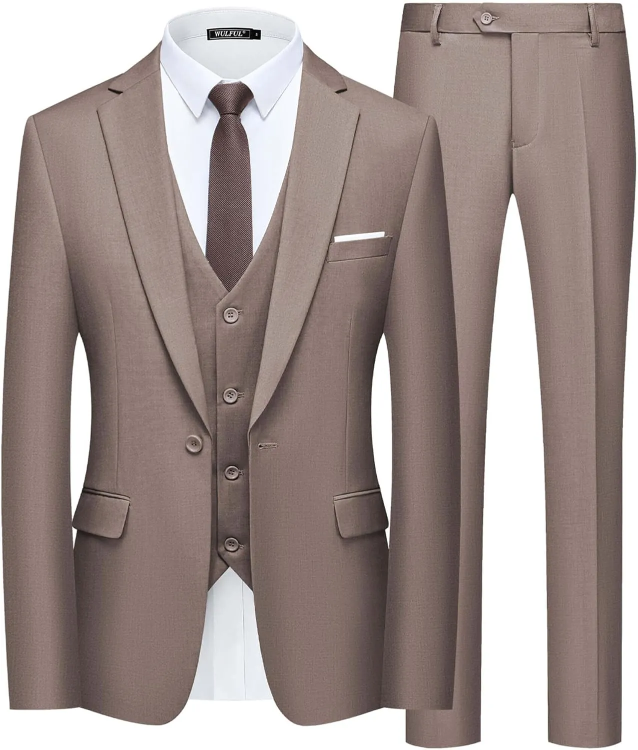 WULFUL Mens Slim Fit Suit One Button 3-Piece Blazer Dress Business Wedding Party Jacket Vest & Pant