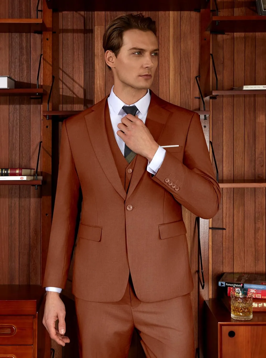WULFUL Mens Slim Fit Suit One Button 3-Piece Blazer Dress Business Wedding Party Jacket Vest & Pant