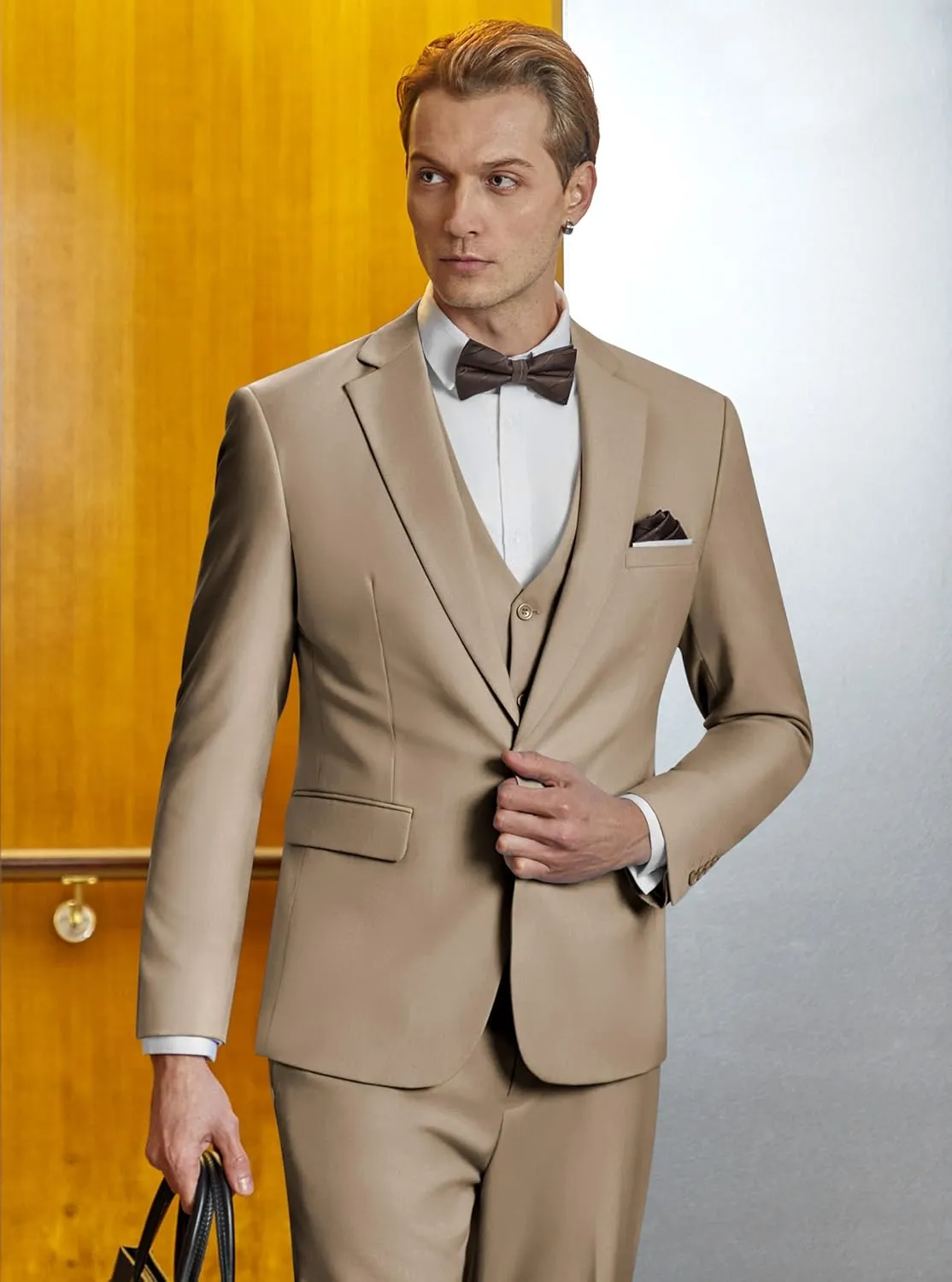 WULFUL Mens Slim Fit Suit One Button 3-Piece Blazer Dress Business Wedding Party Jacket Vest & Pant
