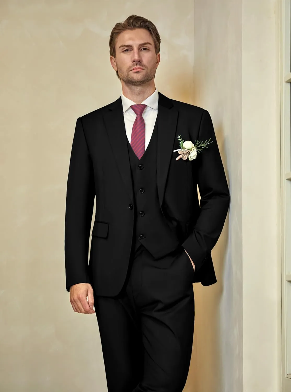 WULFUL Mens Slim Fit Suit One Button 3-Piece Blazer Dress Business Wedding Party Jacket Vest & Pant