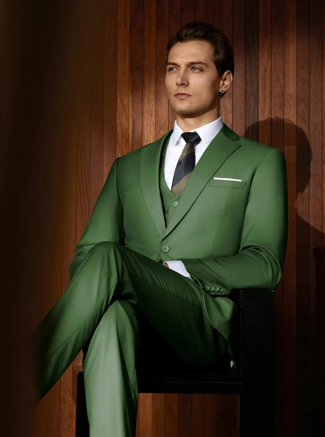 WULFUL Mens Slim Fit Suit One Button 3-Piece Blazer Dress Business Wedding Party Jacket Vest & Pant
