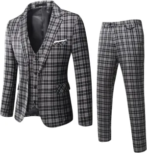 WULFUL Mens Slim Fit Suit One Button 3-Piece Blazer Dress Business Wedding Party Jacket Vest & Pant