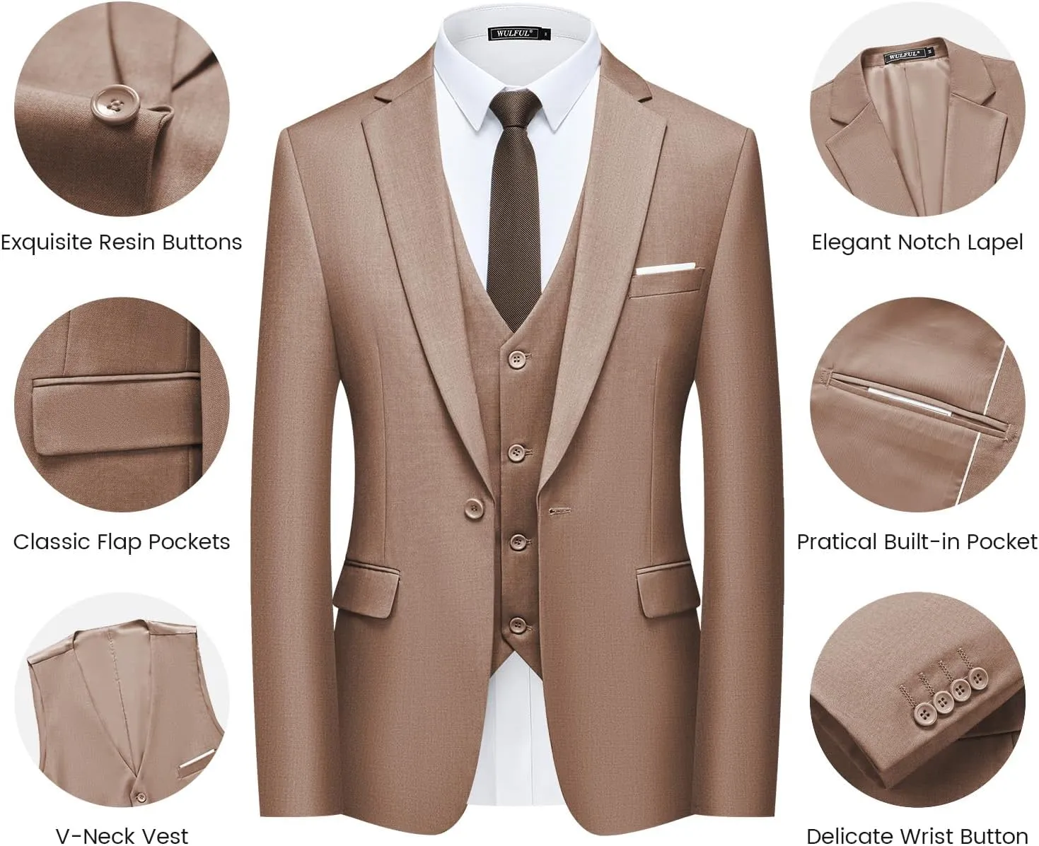 WULFUL Mens Slim Fit Suit One Button 3-Piece Blazer Dress Business Wedding Party Jacket Vest & Pant
