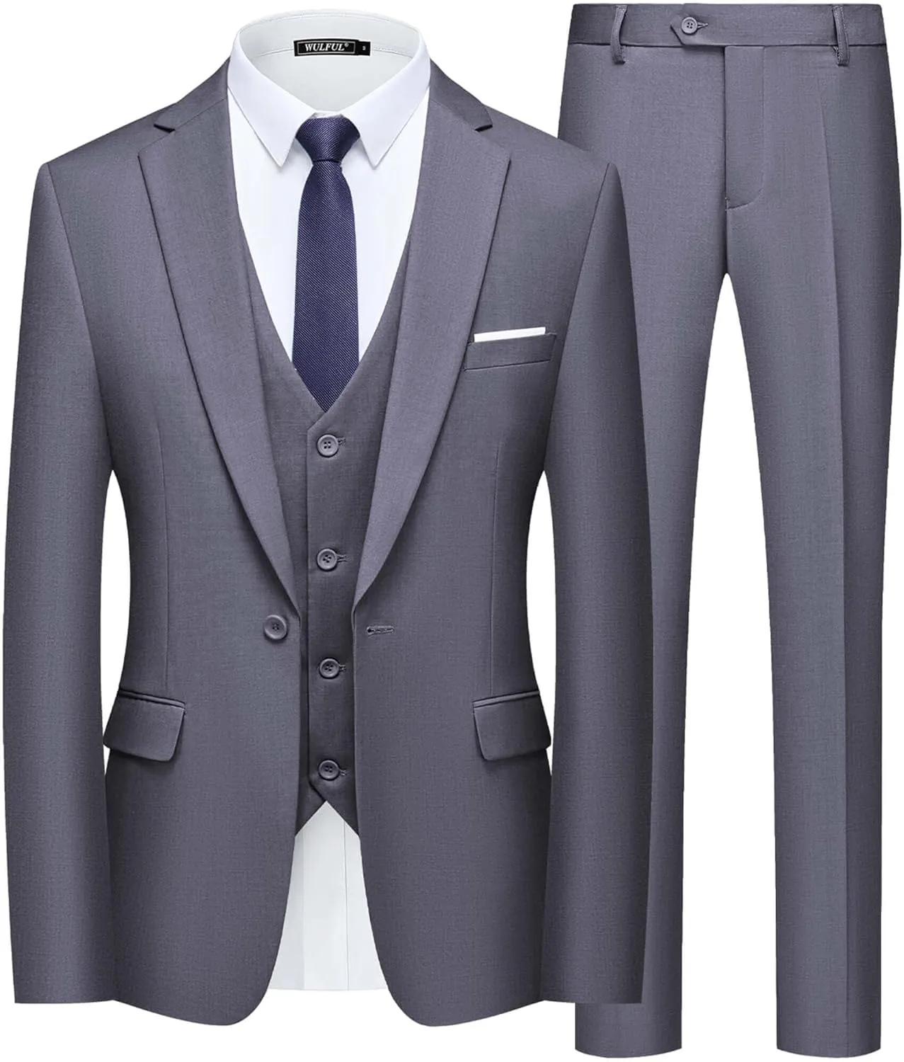 WULFUL Mens Slim Fit Suit One Button 3-Piece Blazer Dress Business Wedding Party Jacket Vest & Pant