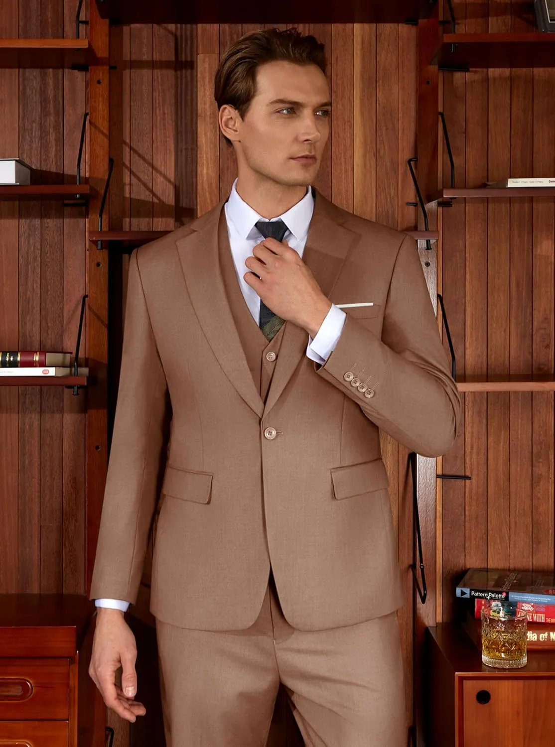 WULFUL Mens Slim Fit Suit One Button 3-Piece Blazer Dress Business Wedding Party Jacket Vest & Pant