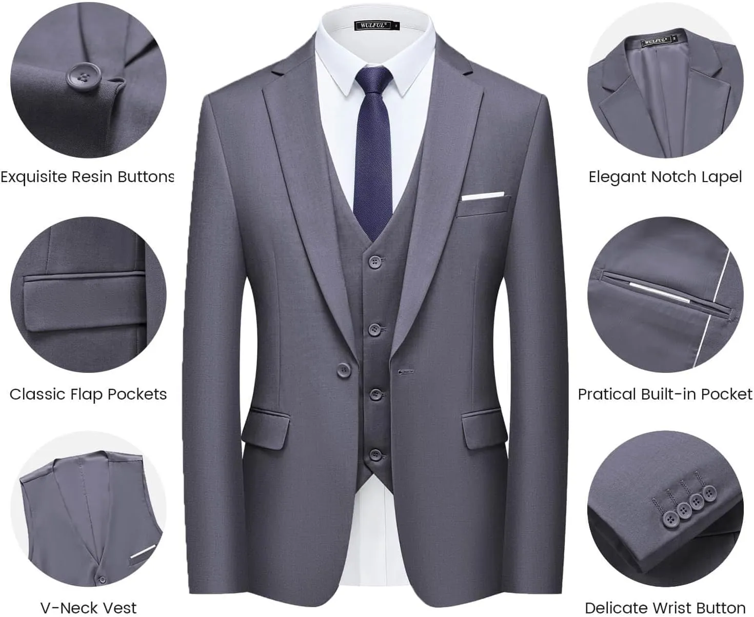 WULFUL Mens Slim Fit Suit One Button 3-Piece Blazer Dress Business Wedding Party Jacket Vest & Pant