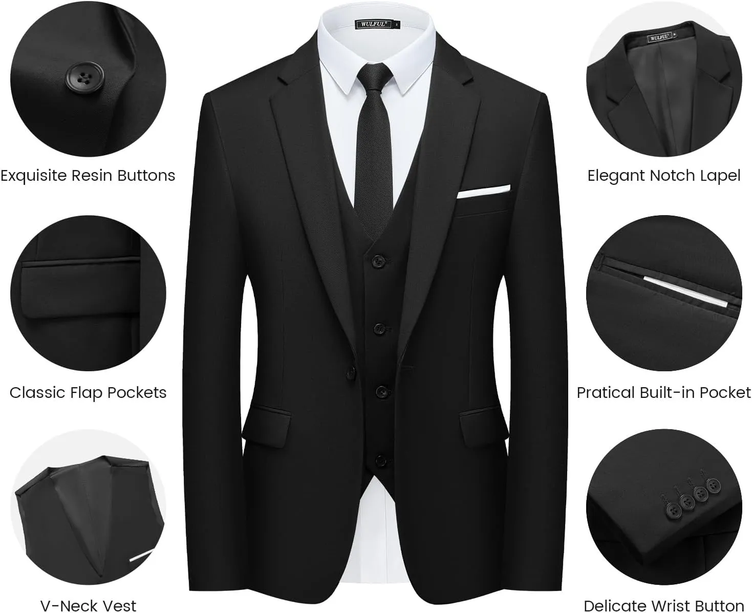 WULFUL Mens Slim Fit Suit One Button 3-Piece Blazer Dress Business Wedding Party Jacket Vest & Pant