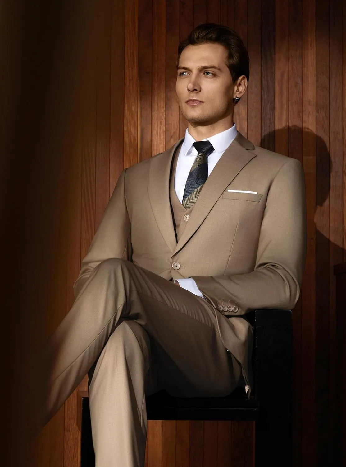 WULFUL Mens Slim Fit Suit One Button 3-Piece Blazer Dress Business Wedding Party Jacket Vest & Pant