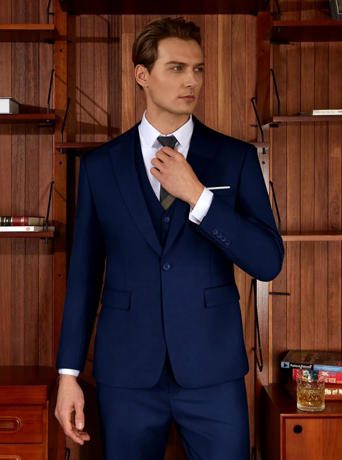 WULFUL Mens Slim Fit Suit One Button 3-Piece Blazer Dress Business Wedding Party Jacket Vest & Pant