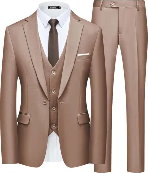 WULFUL Mens Slim Fit Suit One Button 3-Piece Blazer Dress Business Wedding Party Jacket Vest & Pant