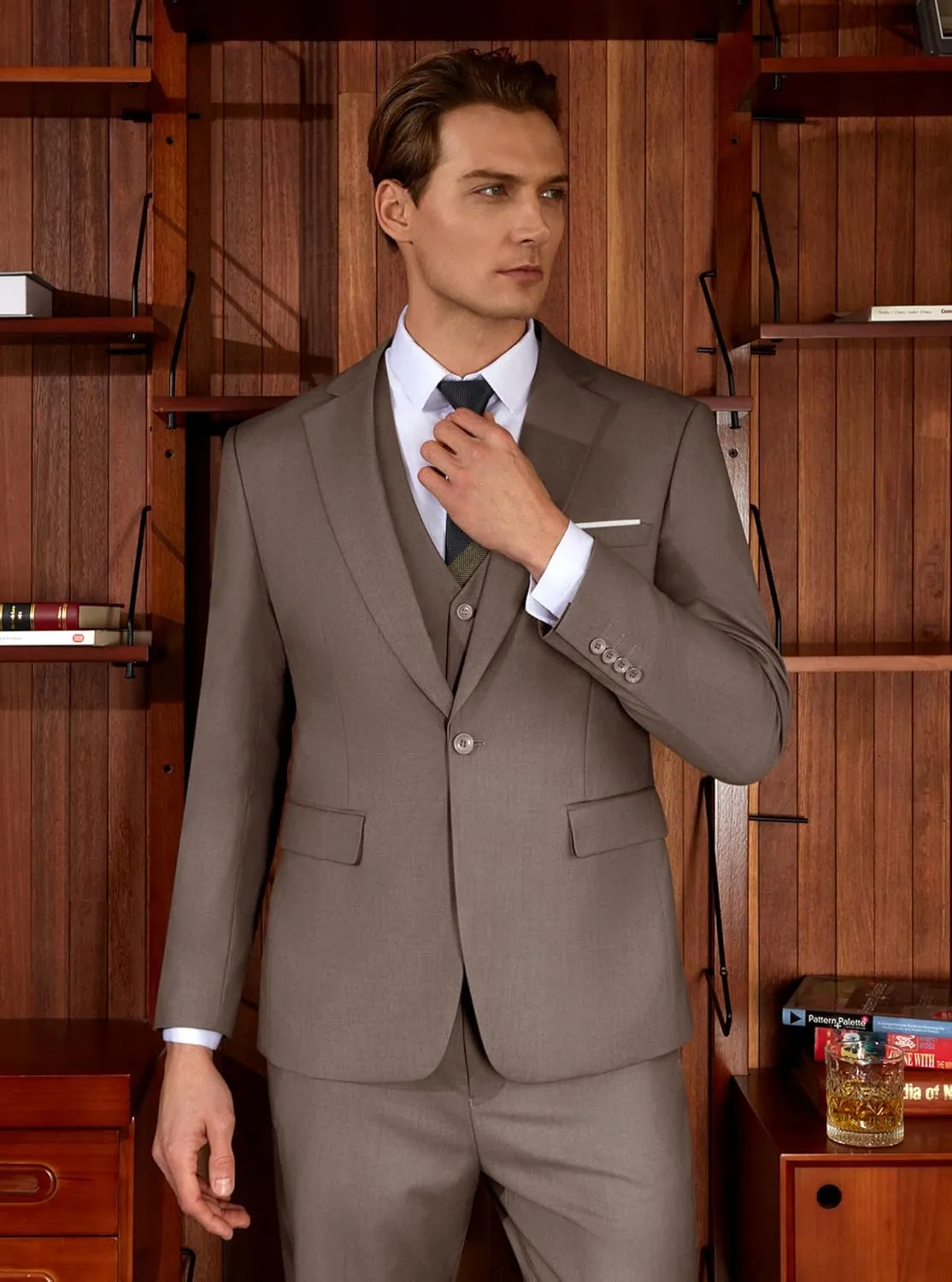 WULFUL Mens Slim Fit Suit One Button 3-Piece Blazer Dress Business Wedding Party Jacket Vest & Pant