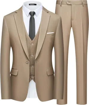 WULFUL Mens Slim Fit Suit One Button 3-Piece Blazer Dress Business Wedding Party Jacket Vest & Pant