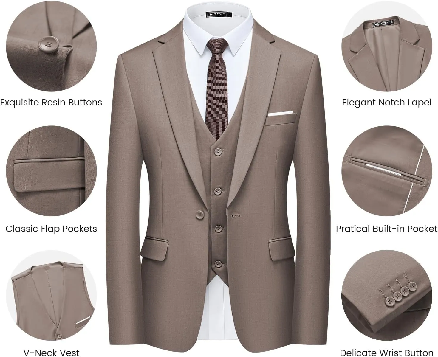 WULFUL Mens Slim Fit Suit One Button 3-Piece Blazer Dress Business Wedding Party Jacket Vest & Pant
