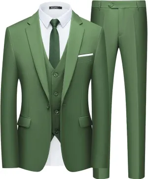 WULFUL Mens Slim Fit Suit One Button 3-Piece Blazer Dress Business Wedding Party Jacket Vest & Pant