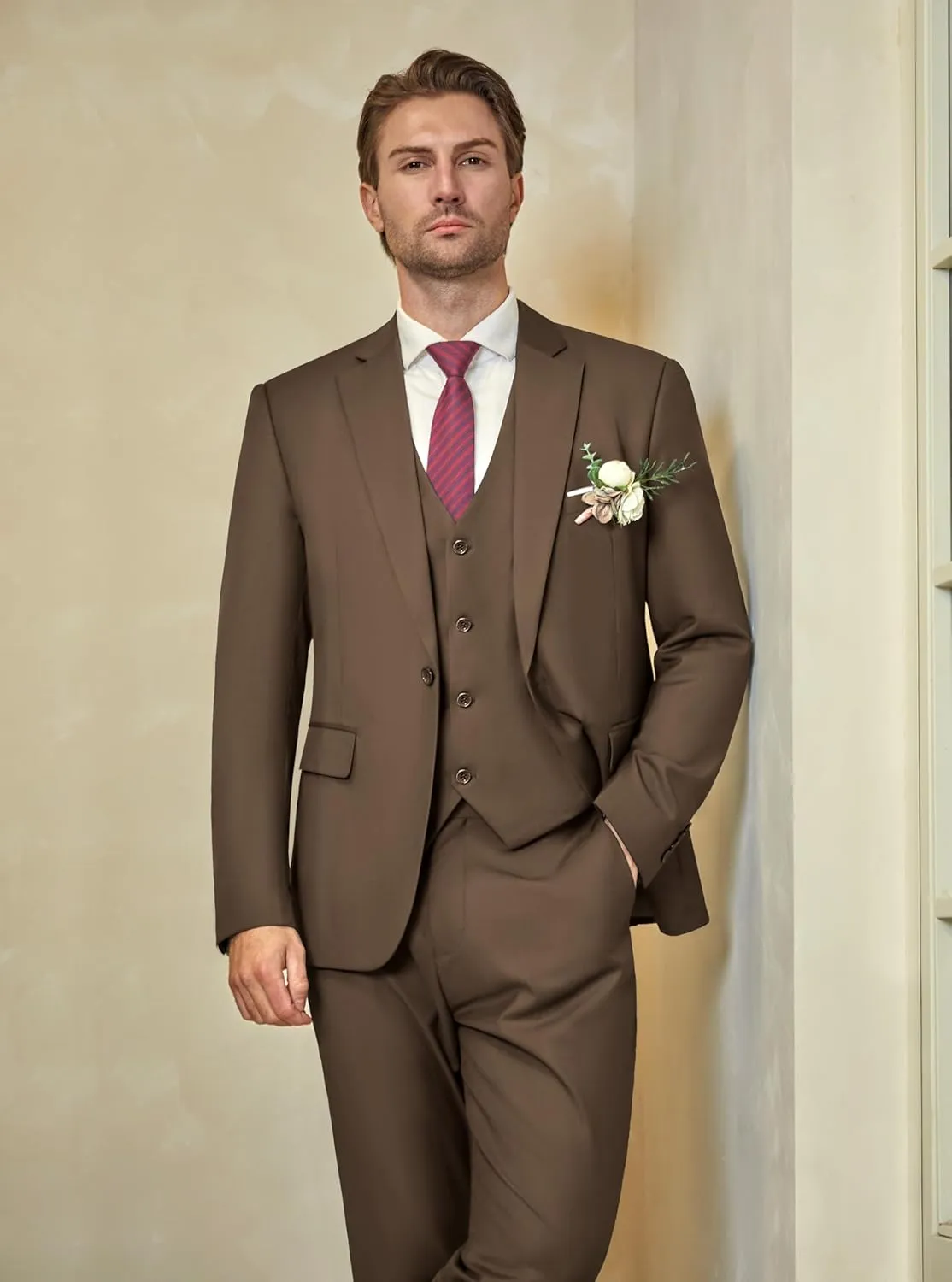 WULFUL Mens Slim Fit Suit One Button 3-Piece Blazer Dress Business Wedding Party Jacket Vest & Pant