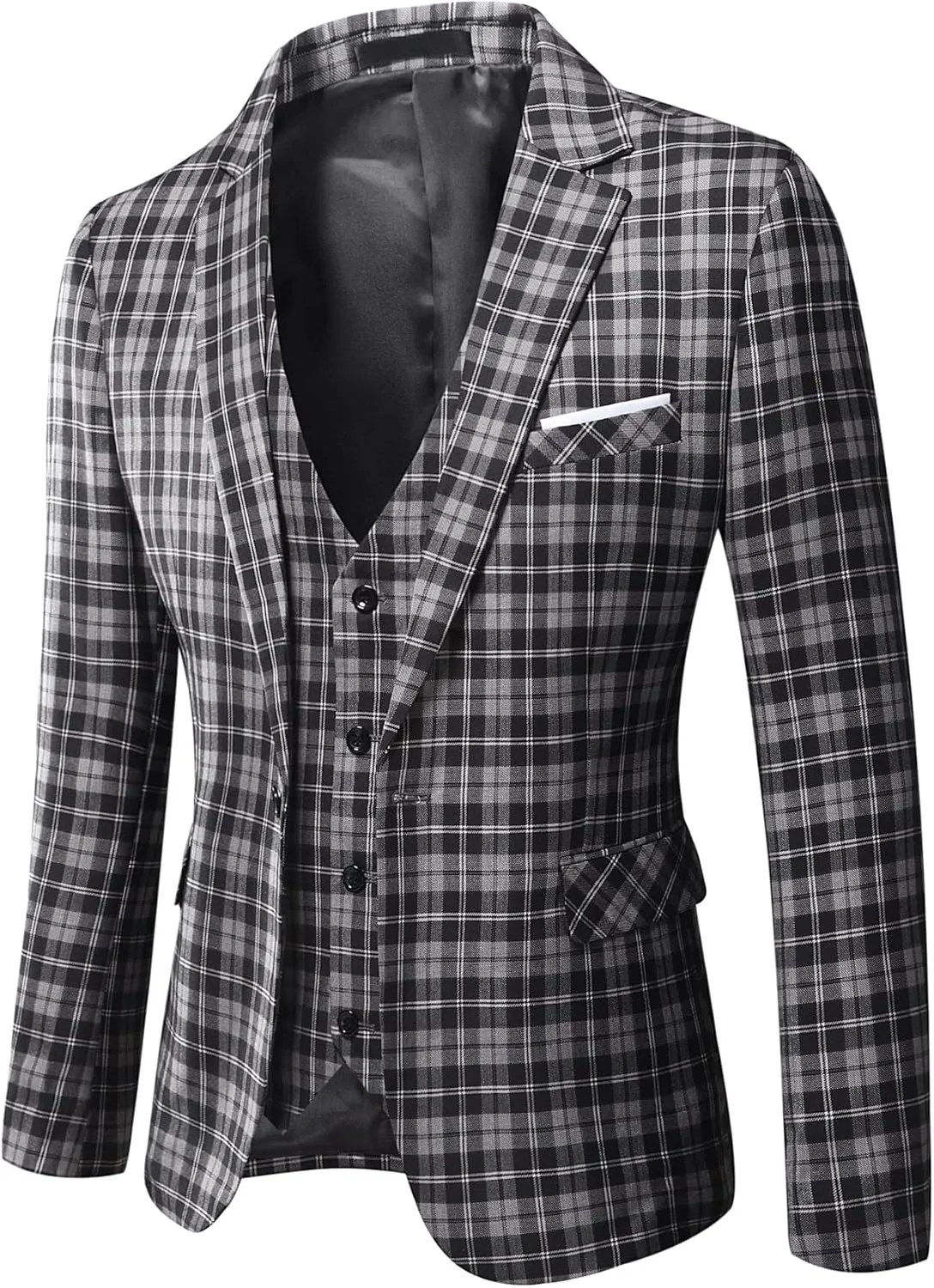 WULFUL Mens Slim Fit Suit One Button 3-Piece Blazer Dress Business Wedding Party Jacket Vest & Pant