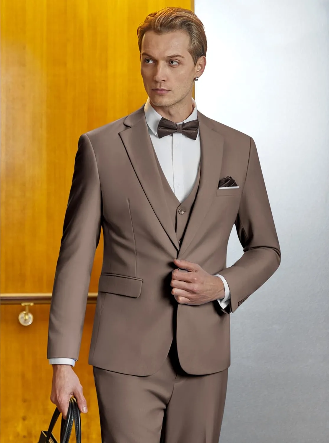 WULFUL Mens Slim Fit Suit One Button 3-Piece Blazer Dress Business Wedding Party Jacket Vest & Pant