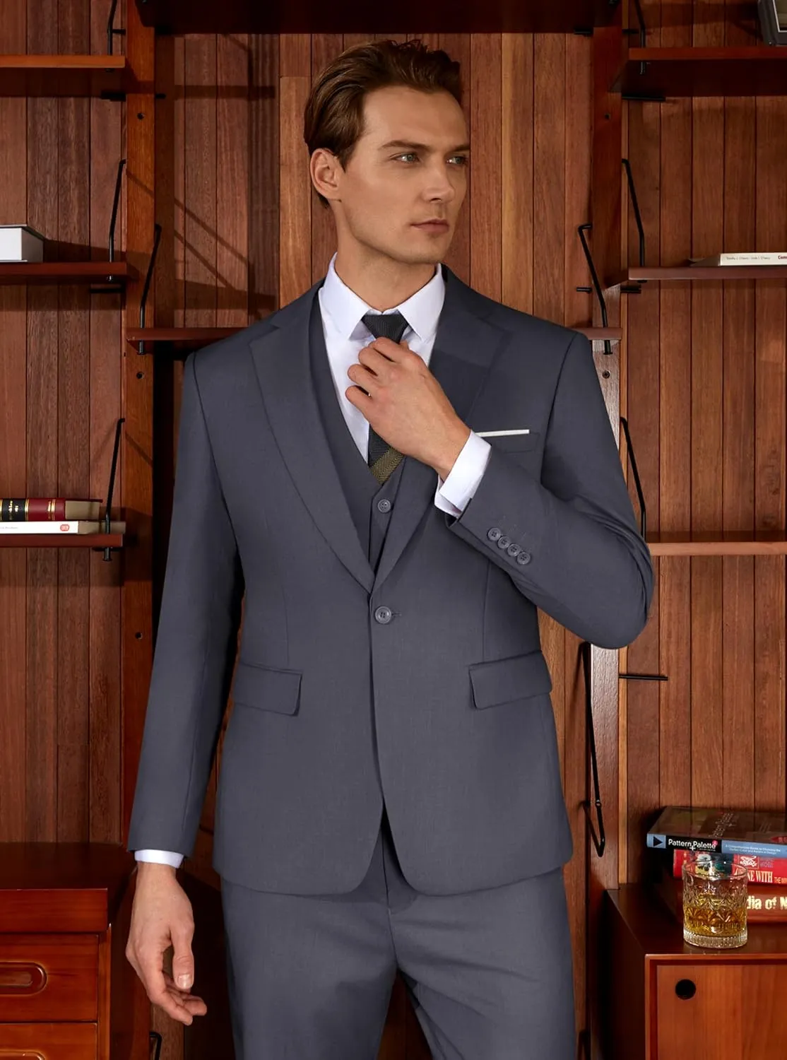 WULFUL Mens Slim Fit Suit One Button 3-Piece Blazer Dress Business Wedding Party Jacket Vest & Pant