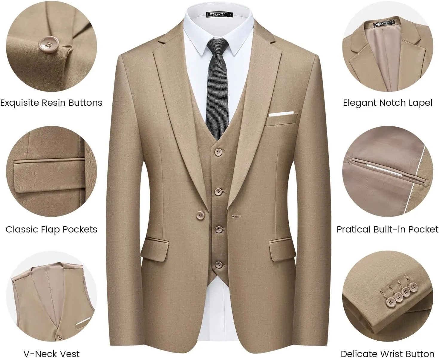 WULFUL Mens Slim Fit Suit One Button 3-Piece Blazer Dress Business Wedding Party Jacket Vest & Pant