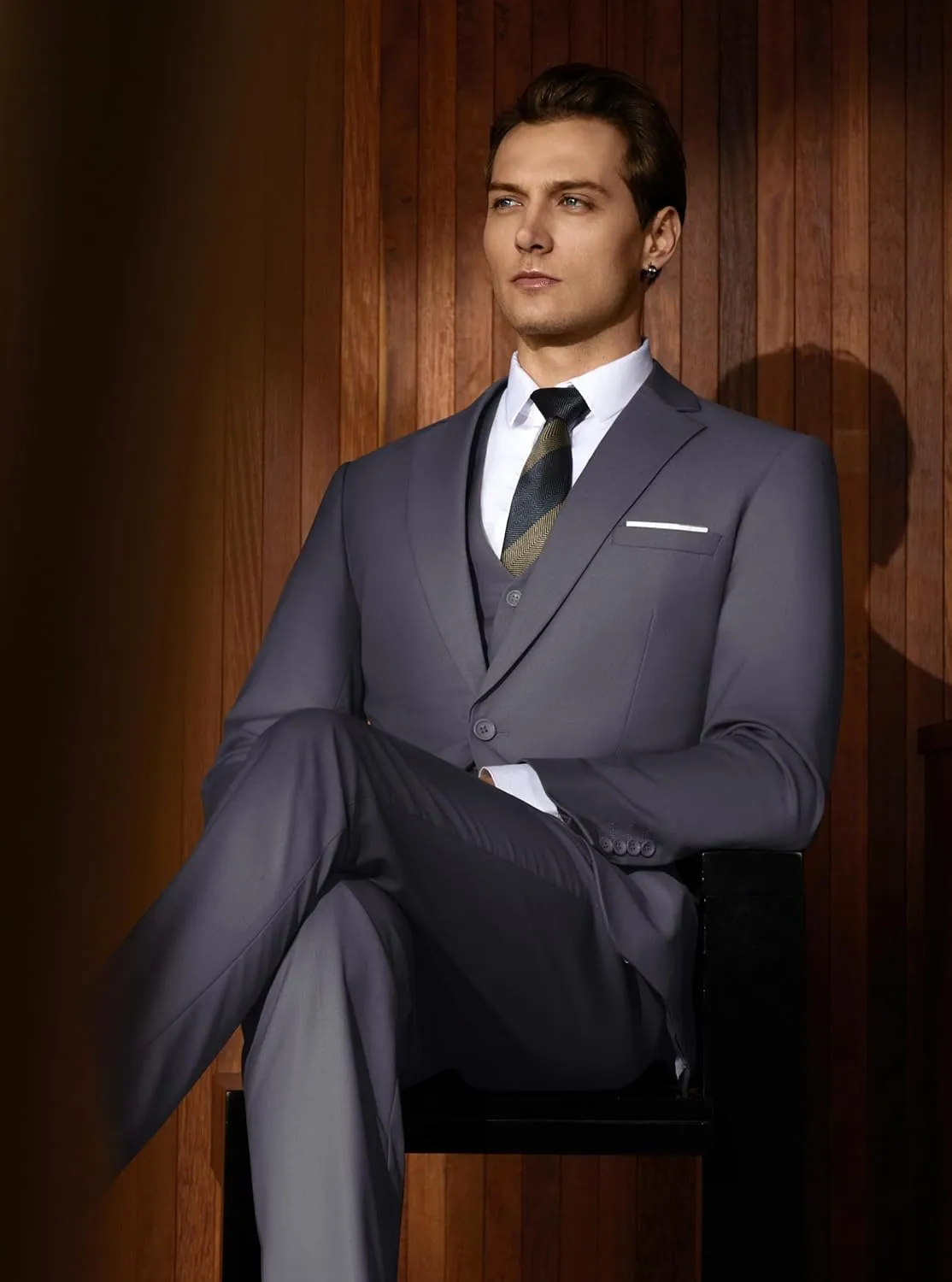 WULFUL Mens Slim Fit Suit One Button 3-Piece Blazer Dress Business Wedding Party Jacket Vest & Pant