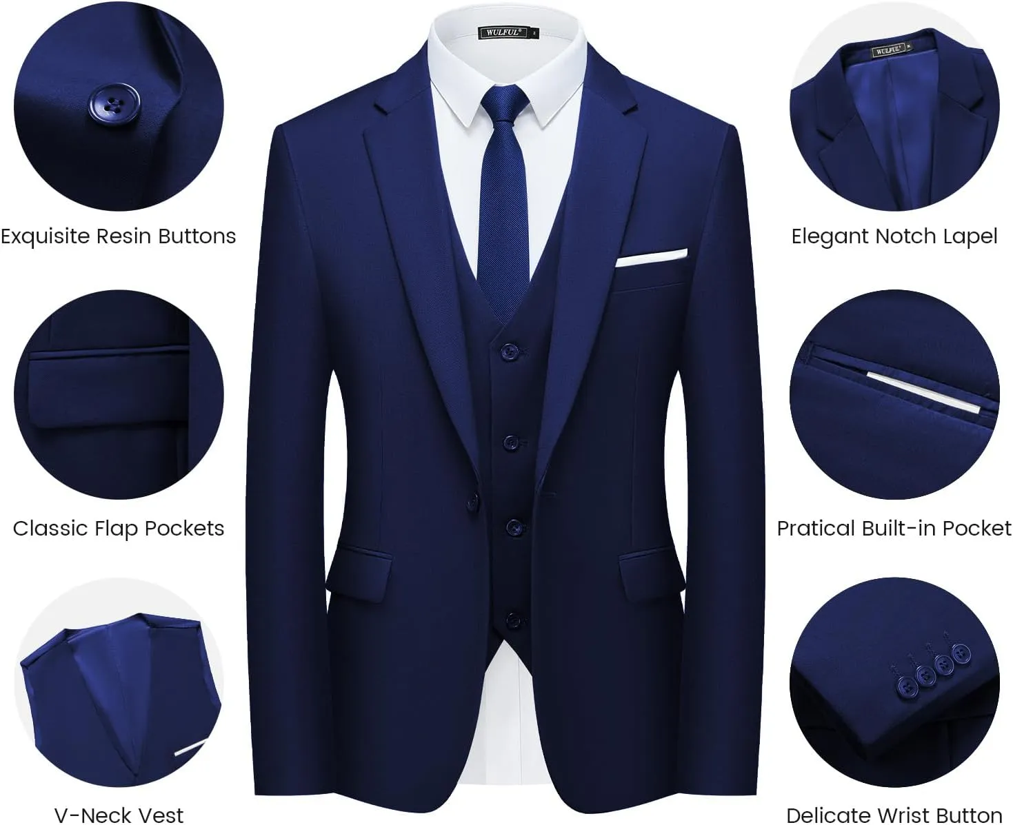 WULFUL Mens Slim Fit Suit One Button 3-Piece Blazer Dress Business Wedding Party Jacket Vest & Pant