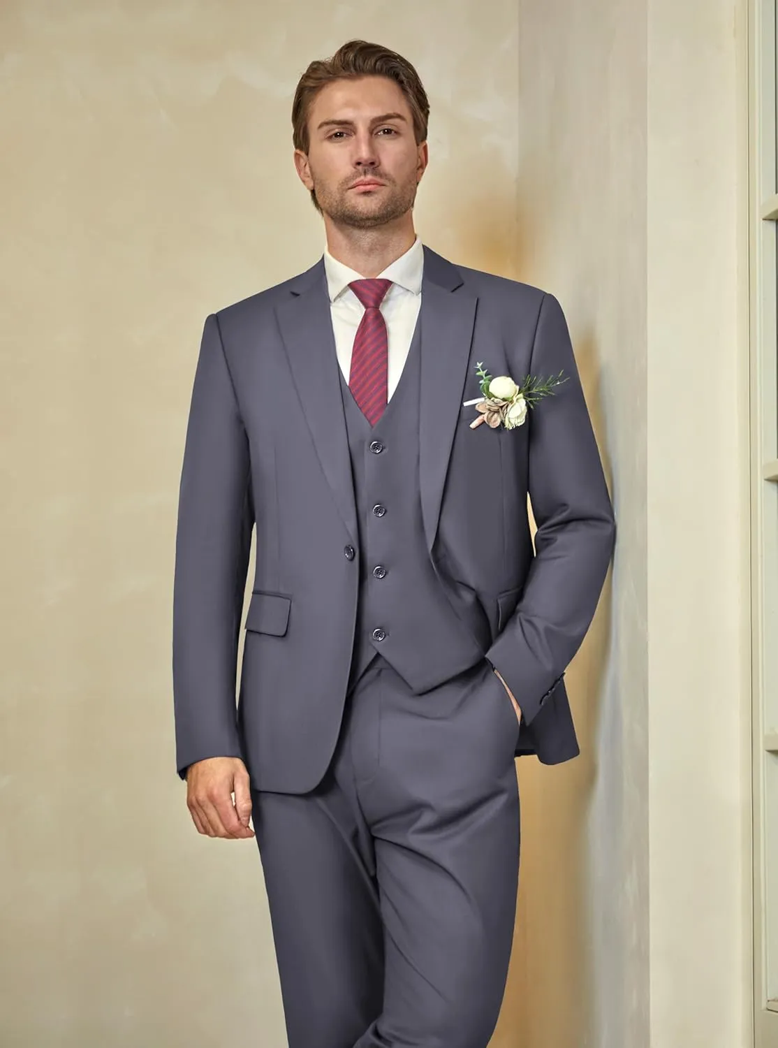 WULFUL Mens Slim Fit Suit One Button 3-Piece Blazer Dress Business Wedding Party Jacket Vest & Pant