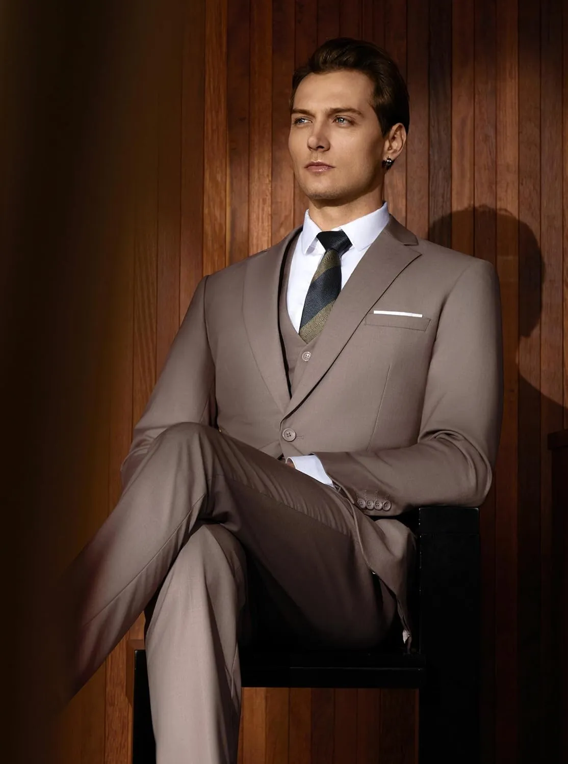 WULFUL Mens Slim Fit Suit One Button 3-Piece Blazer Dress Business Wedding Party Jacket Vest & Pant