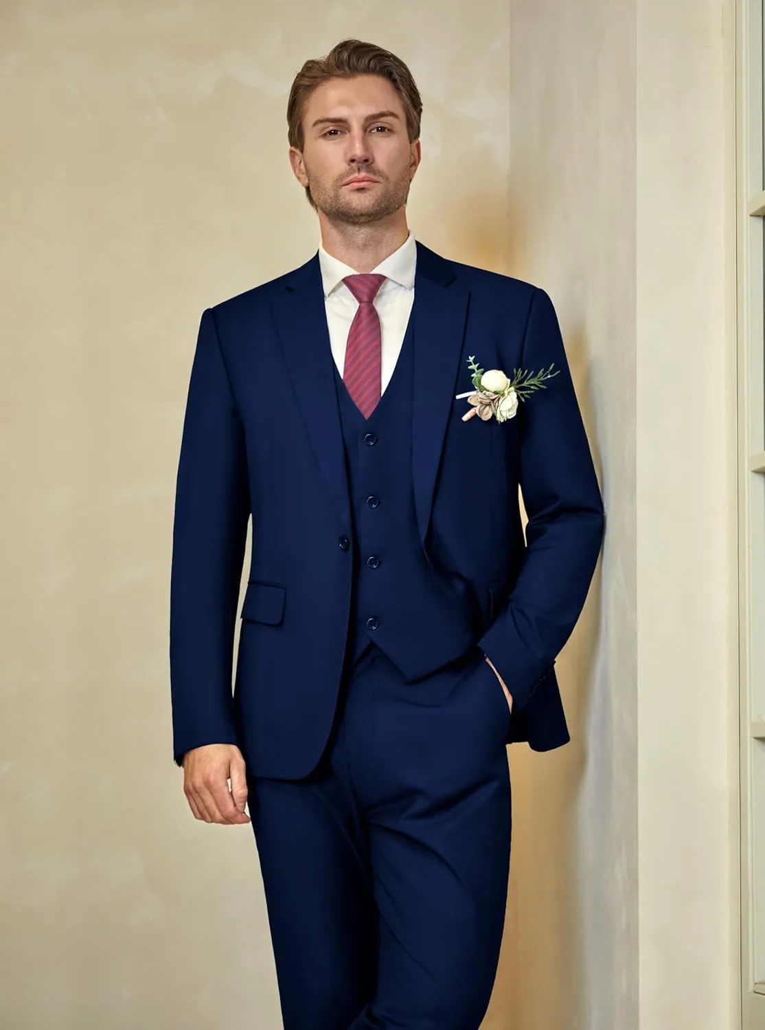 WULFUL Mens Slim Fit Suit One Button 3-Piece Blazer Dress Business Wedding Party Jacket Vest & Pant