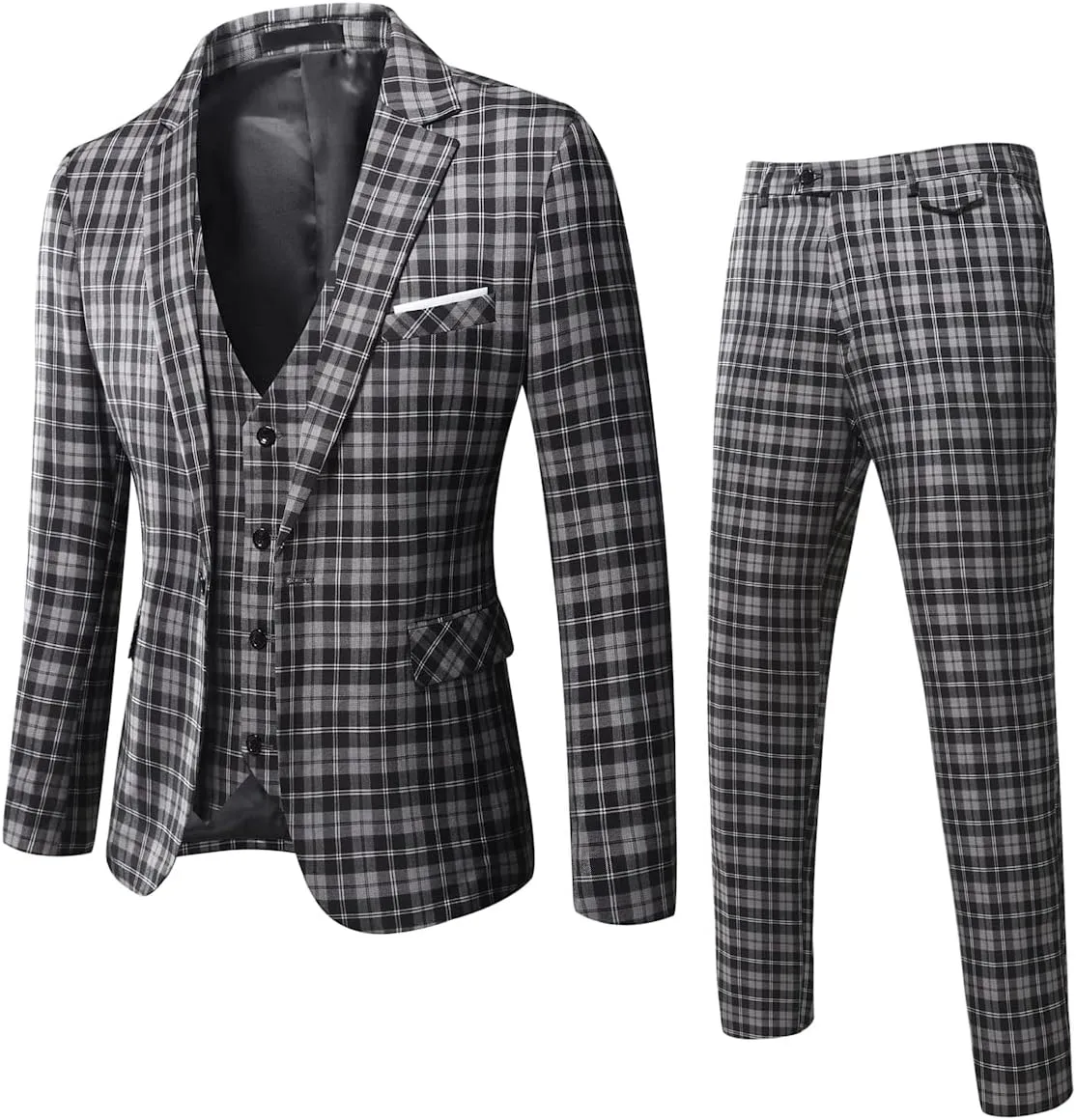WULFUL Mens Slim Fit Suit One Button 3-Piece Blazer Dress Business Wedding Party Jacket Vest & Pant