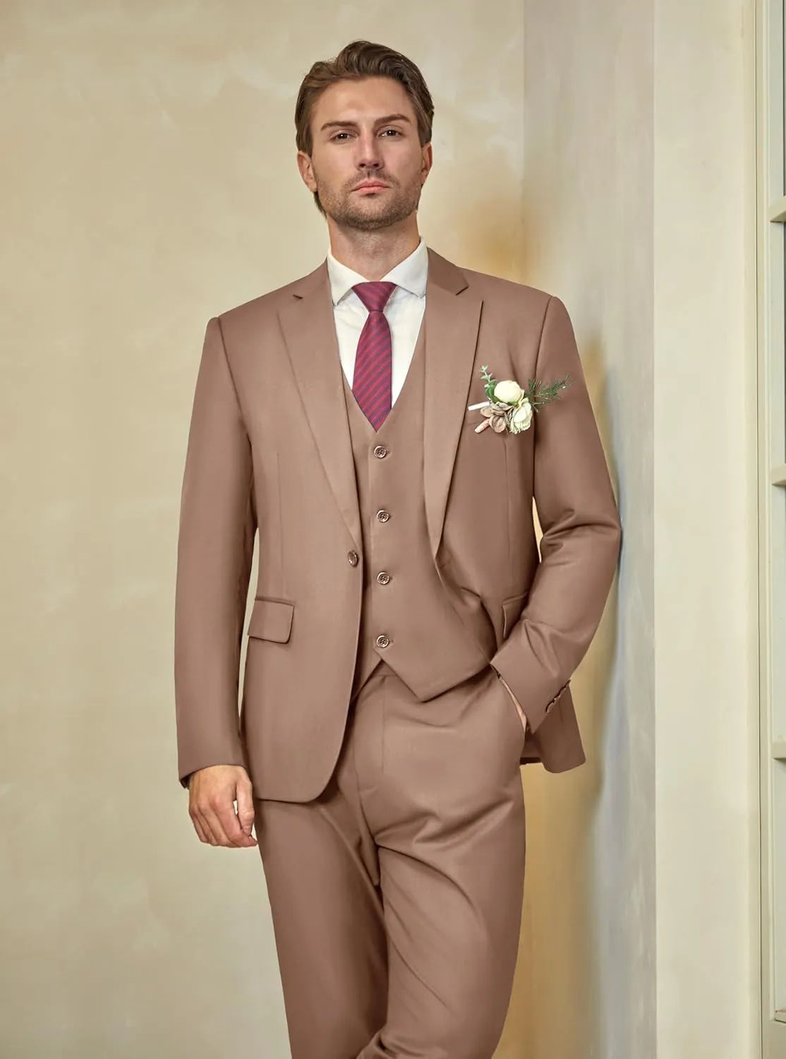 WULFUL Mens Slim Fit Suit One Button 3-Piece Blazer Dress Business Wedding Party Jacket Vest & Pant
