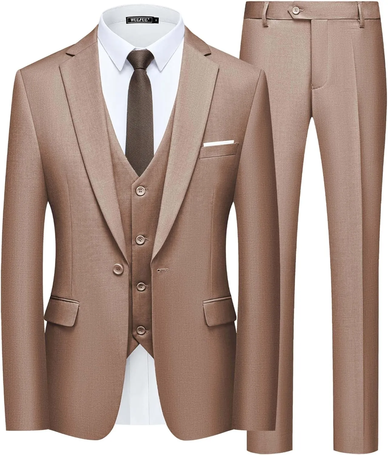 WULFUL Mens Slim Fit Suit One Button 3-Piece Blazer Dress Business Wedding Party Jacket Vest & Pant