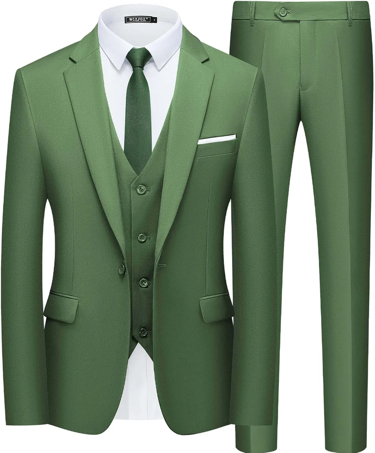 WULFUL Mens Slim Fit Suit One Button 3-Piece Blazer Dress Business Wedding Party Jacket Vest & Pant
