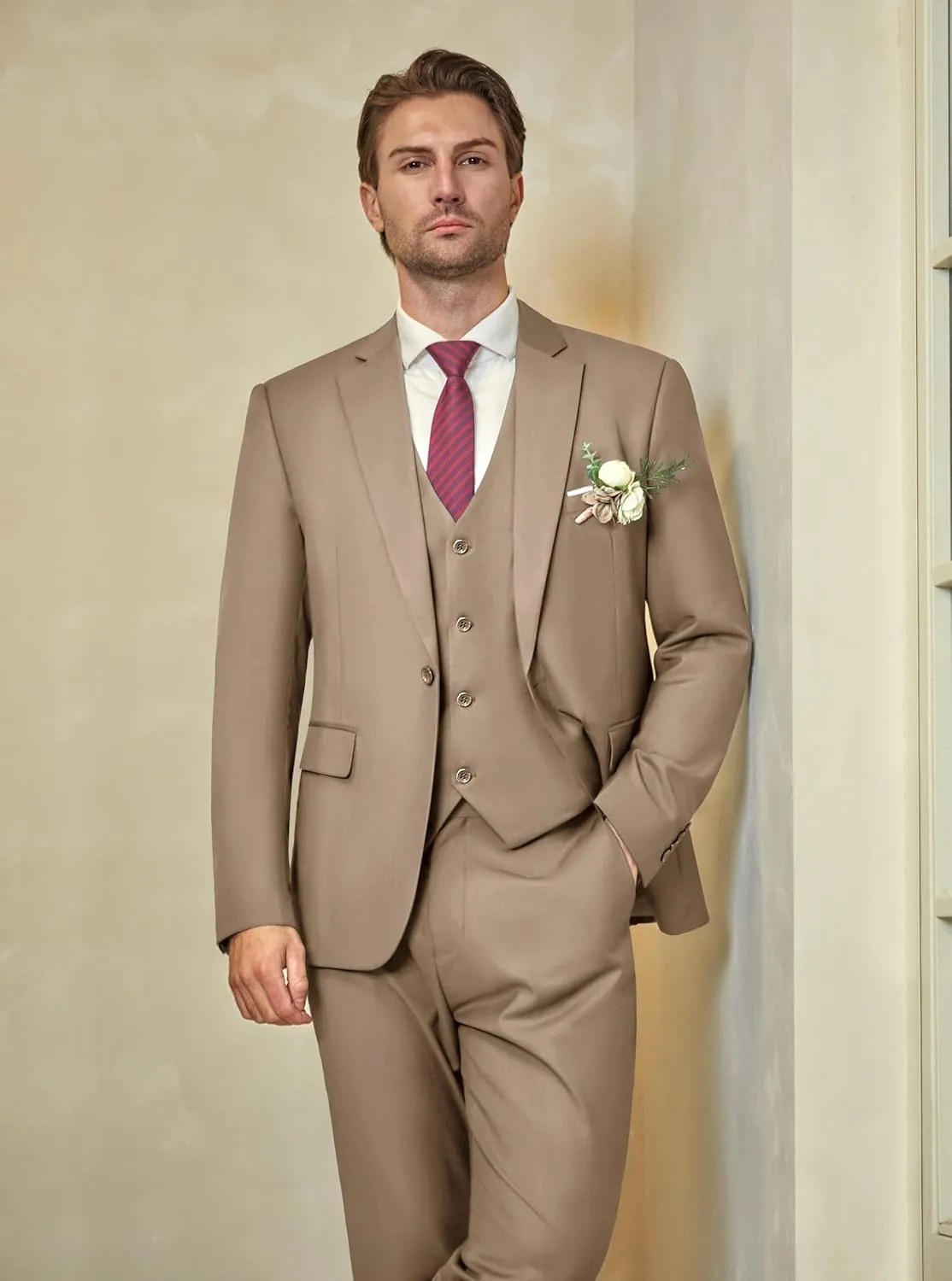WULFUL Mens Slim Fit Suit One Button 3-Piece Blazer Dress Business Wedding Party Jacket Vest & Pant