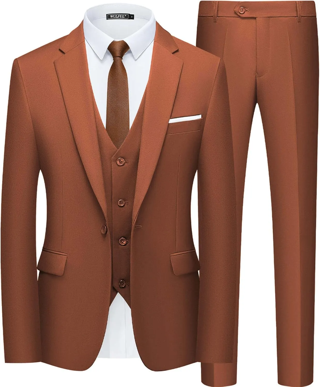 WULFUL Mens Slim Fit Suit One Button 3-Piece Blazer Dress Business Wedding Party Jacket Vest & Pant