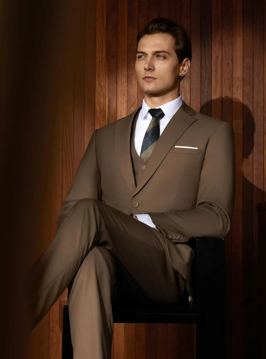 WULFUL Mens Slim Fit Suit One Button 3-Piece Blazer Dress Business Wedding Party Jacket Vest & Pant