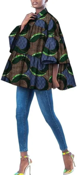 XIAOHUAGUA African Clothes for Women Casual Ankara Floral Print Ruffles Sleeve Loose Shirt Plus Size Mini Dress