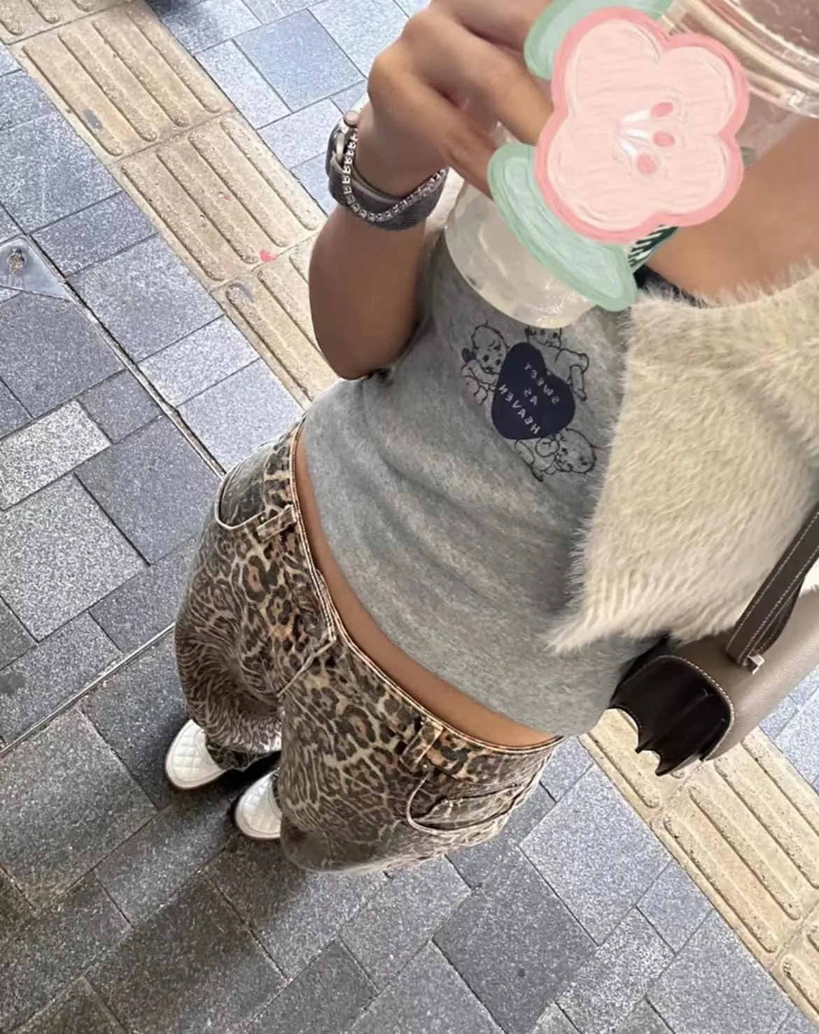 XPONNI Y2k Jeans Animal Print Y2k Pants Leopard Print Womens Baggy Wide Leg Jeans 2000s Mcbling Grunge Clothes