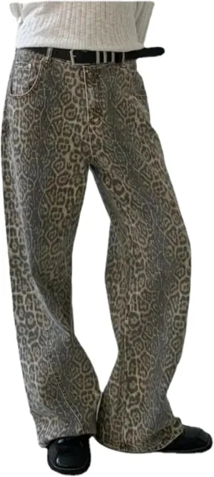 XPONNI Y2k Jeans Animal Print Y2k Pants Leopard Print Womens Baggy Wide Leg Jeans 2000s Mcbling Grunge Clothes