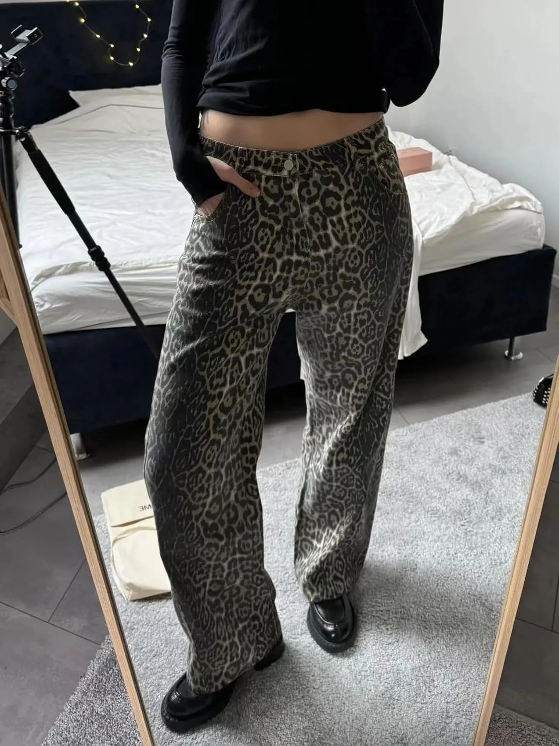 XPONNI Y2k Jeans Animal Print Y2k Pants Leopard Print Womens Baggy Wide Leg Jeans 2000s Mcbling Grunge Clothes
