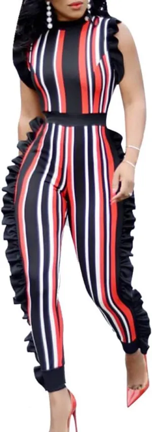 xxxiticat Women's Africa Style Striped Jumpsuit Plus Size Romper Colorful Sleeveless Long Pants Ruffle Overalls Sexy Clubwear