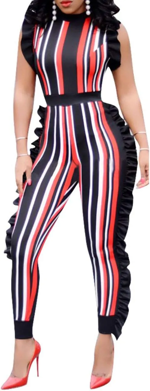 xxxiticat Women's Africa Style Striped Jumpsuit Plus Size Romper Colorful Sleeveless Long Pants Ruffle Overalls Sexy Clubwear