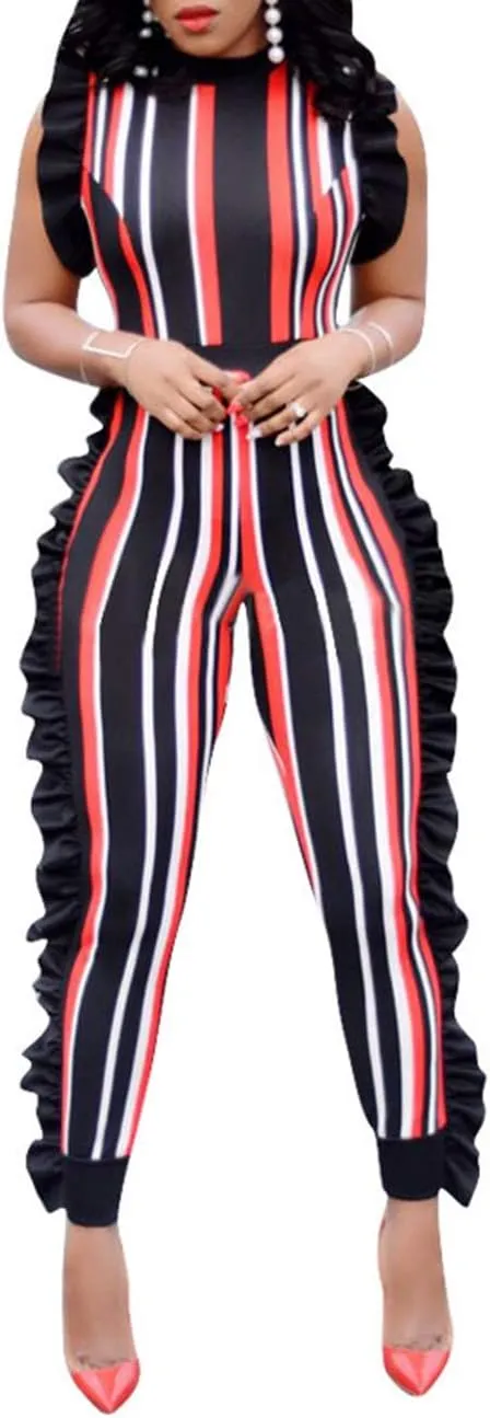 xxxiticat Women's Africa Style Striped Jumpsuit Plus Size Romper Colorful Sleeveless Long Pants Ruffle Overalls Sexy Clubwear
