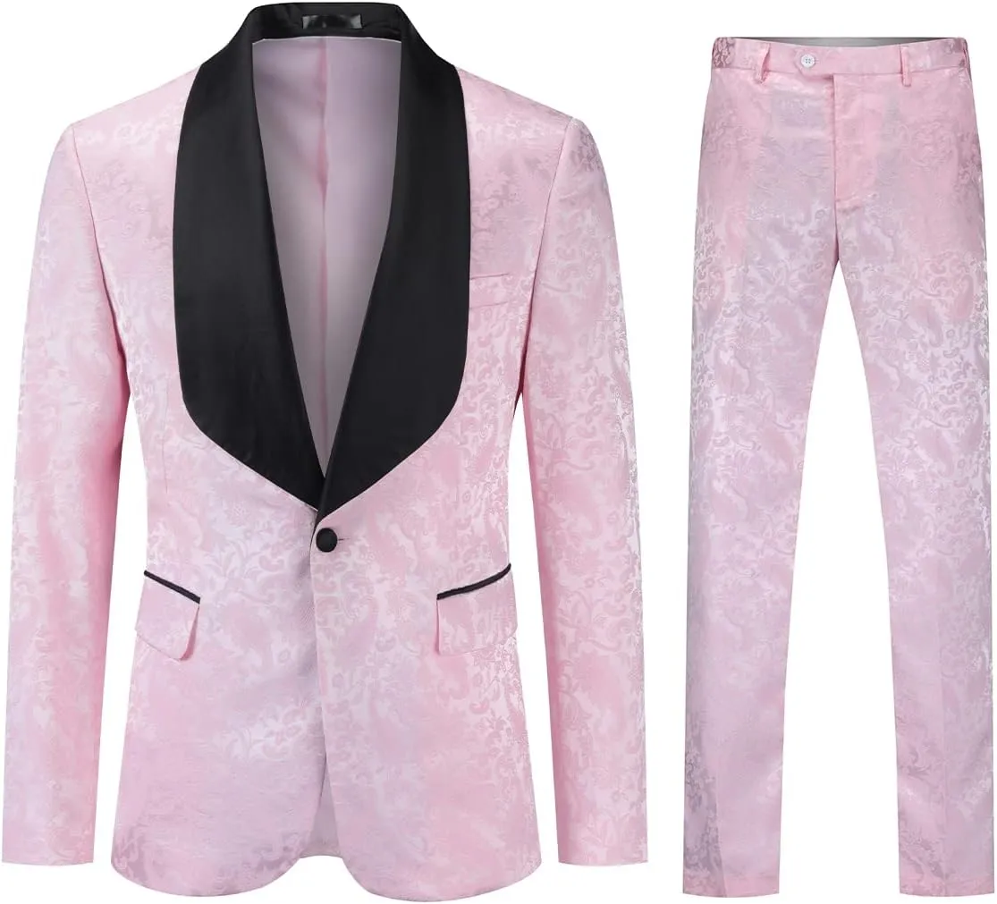 YFFUSHI Men's 2 Piece Jacquard Suits Tuxedo 1 Button Shawl Collar Party Dinner Wedding Suit