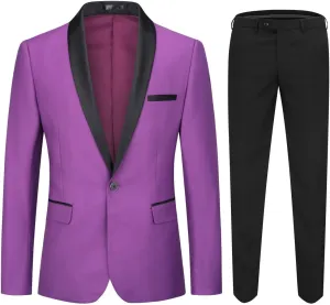 YFFUSHI Men's 2 Piece Suit Shawl Lapel Tuxedo One Button Solid Slim Fit Blazer Jacket Pants