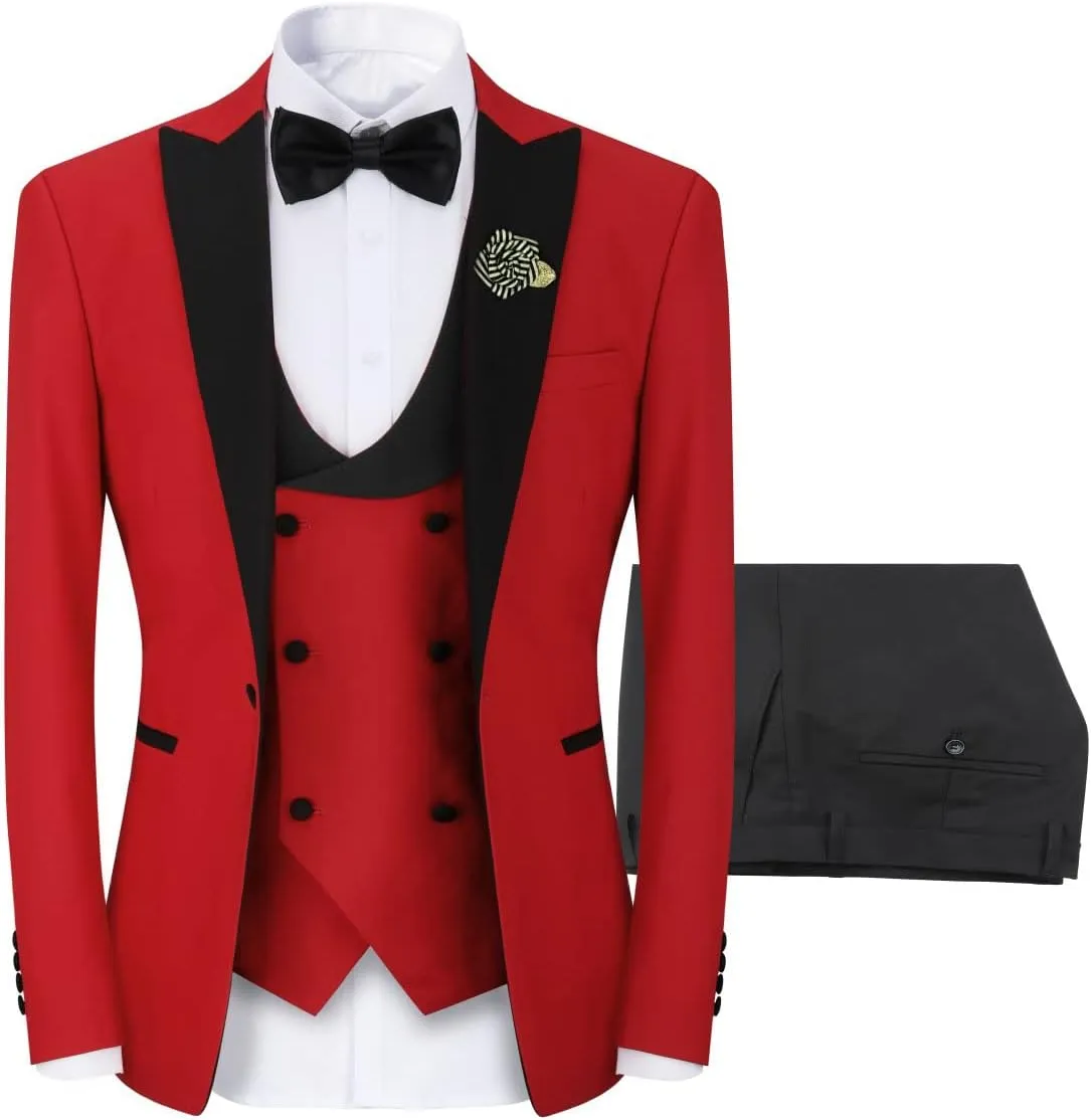 YFFUSHI Men's 3 Piece Suit Slim Fit One Button Prom Suits Set Blazer Vest Trousers