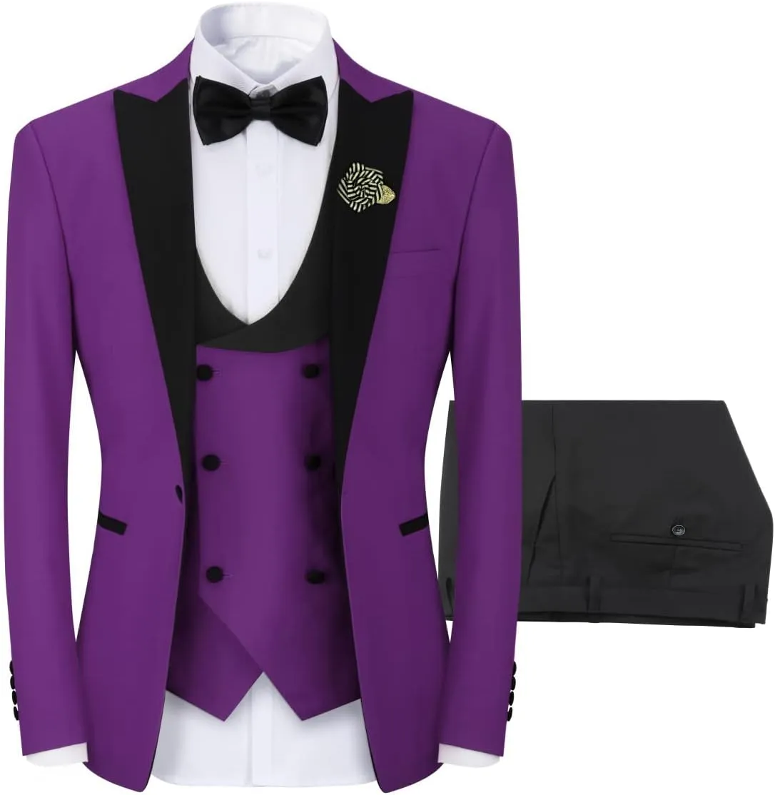 YFFUSHI Men's 3 Piece Suit Slim Fit One Button Prom Suits Set Blazer Vest Trousers