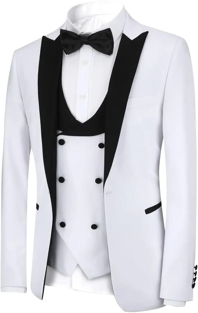 YFFUSHI Men's 3 Piece Suit Slim Fit One Button Prom Suits Set Blazer Vest Trousers