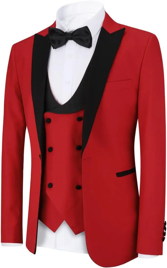 YFFUSHI Men's 3 Piece Suit Slim Fit One Button Prom Suits Set Blazer Vest Trousers