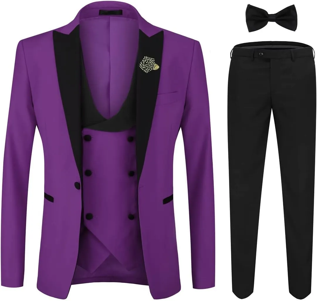 YFFUSHI Men's 3 Piece Suit Slim Fit One Button Prom Suits Set Blazer Vest Trousers